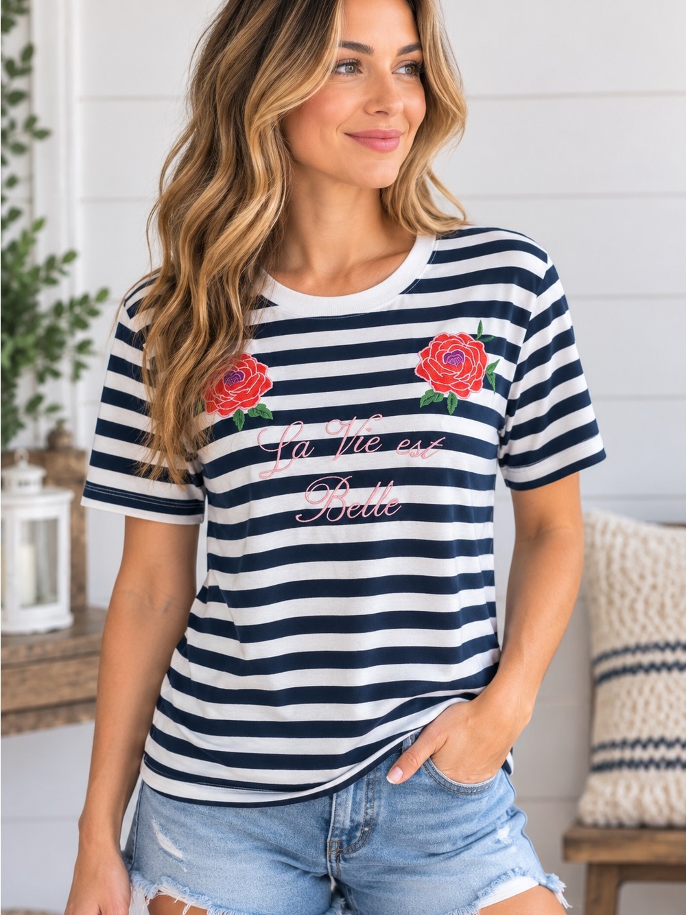 Forever 21 Womens S Navy White Striped Rose Patch Tee La Vie Est Belle
